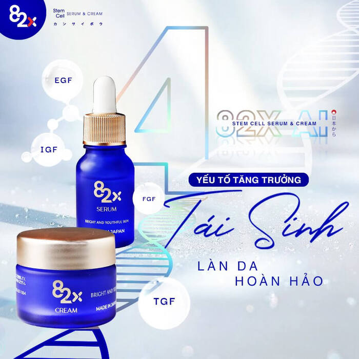 Bộ đôi sản phẩm 82X AI Stem Cell Serum & Cream là sản phẩm của Nhật với khả năng tái tạo da và ngăn ngừa lão hóa ấn tượng 
